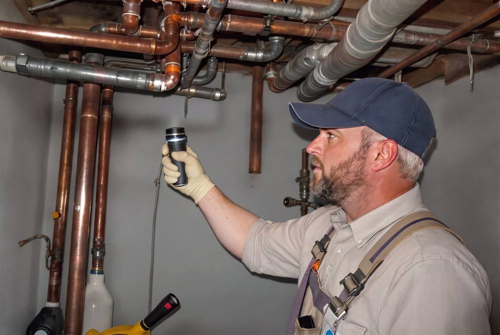 Licensed plumber installing a new tank water heater in a Kansas City, MO utility room